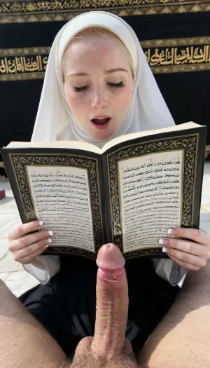 8k, Transparent hijab, reading quran, sitting, freckled, pale skin, holding man dick and looking dick, in front of kaaba, hairy pussy, orgasm face, ultra detailed