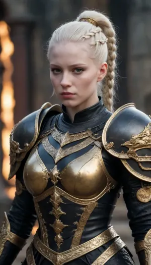 Tense Young Dark Female albino Warrior for the God of Chaos and War in fearsome and also beguiling wealthy expensive ornamated pomp splendor pageantry magnificence opulence, sumptuousness heavy armor in very black and bright gold with piquant insights. One very elegant braided ponytail, the whole appearance radiates dominion rule reign dominance power control, She carries the ceremonial helmet under her armpits. Many fresh blood splashes from the slain opponents are on the face and on the armor. She stands as a shining centerpiece on a fantasy medieval raging bloody cruel crowded battlefield.
