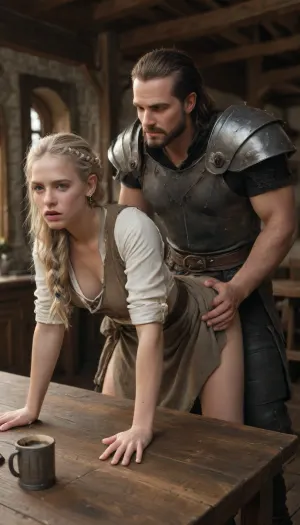 Doggystyle, Tense Young Dark Female albino Supreme Warrior for the God of Chaos and War in fearsome and also beguiling wealthy expensive ornamated pomp splendor pageantry magnificence opulence, sumptuousness heavy armor in very black and bright gold with piquant insights. One very elegant braided ponytail, the whole appearance radiates dominion rule reign dominance power control, Many fresh blood splashes from the slain opponents are on the face and on the armor, She moans her orgasm with lust and passion. Her eyes are in high pleasure. Bent over a table in a medieval tavern, Fucked in the ass rough by a noble male knight without pants behind her with a medium dick. Her war skirt is rolled up. Two mugs of beer with foamy head are on the dirty table.