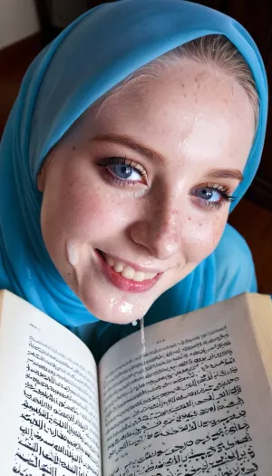 8k, Transparent hijab, reading quran, freckled pale skin, ultra detailed, blue eyes, cum dripping to quran, smile, cum on face, thick eyebrown