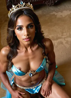 amazing quality, 8k, raw style, NSFW, kneeling, handjob, (((Tranny:1.2))), (((erect nipples, erect clit-penis, from above, young tranny))), Sand skin tone, slim body, (((insecure expression))), sexy bra, micro-skirt, without panties, deep brown eyes, dark brown hair, loose hair, tiara, (((in an tiara palace))), high details high resolution, (((detailed face))), detailed eyes, realistic detailed skin, Bolex H16 style shot, (((Volumetric Lighting))), (((visible clit-penis, visible legs, visible pubis, visible testicles, visible tummy:1.3))), ultra details, high quality, high resolution