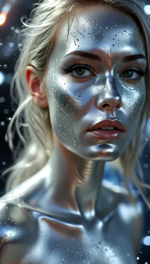 In space, Marvel comics, sexy female Silver surfer, (((silver face paint, silver face))), silver feet, silver surf board, surfing through space, silver eyes, perfecteyes, but, <lora:MJ52:.4>, <lora:PerfectEyesXL:.8>, <lora:BUT_SDXL_SHS:.8>