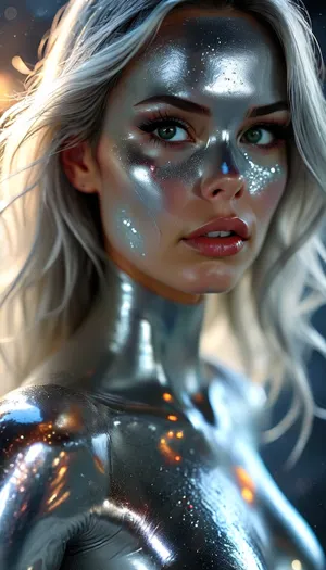 In space, Marvel comics, sexy female Silver surfer, (silver face paint, silver face), silver feet, silver surf board, surfing through space, silver eyes, perfecteyes, but, <lora:MJ52:.4>, <lora:PerfectEyesXL:.8>, <lora:BUT_SDXL_SHS:.8>