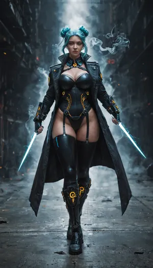 A gritty cyberpunk scene, a skilled female duelist stands against a dark, smoke-filled backdrop, lit by the glow of neon purple. Her gaze is fixed intently on the dual energy blades she wields, their luminous edges shimmering with lethal detail. Framed in a dynamic pose, her bold outfit commands attention, a black, high-collared coat with silver accents, tight black leggings with blue glowing stripes, and armored gauntlets. Neon blue hair is styled in two high buns, contrasting the darkness. A streamlined mask conceals her face, while tattoos of abstract, swirling designs dance across her exposed arms. Fingerless gloves and sturdy, light-weight boots complete her agile and dangerous look. Big breasts, wide hips