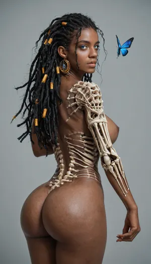 TranslucentVisibility, score_9, 1girl, solo, long hair, looking at viewer, blue eyes, simple background, black hair, multicolored hair, looking back, dark skin, grey background, from behind, dark-skinned female, back, bug, butterfly, ribs, skeleton, blue butterfly, dreadlocks, spine, realistic, huge bubble butt, big breasts