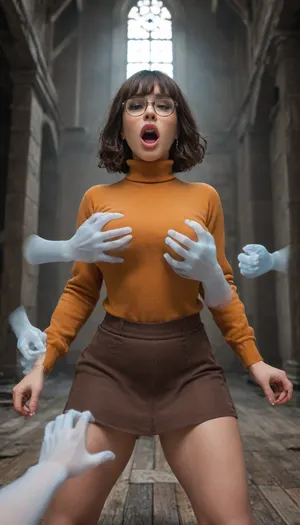 ((POV from below)), closeup, ((half body)), [terrified ercrscmpbll, looking down at her chest, standing in awkward pose, struggling and squirming, screaming as disembodied ghost hands grope and squeeze her, in a deserted, ruined old mansion], (masterpiece, top quality, best quality, official art, beautiful and aesthetic), (skin texture), sharp focus, (skin imperfections:1.3), 30 years old, Caucasian, ((terrified facial expression, eyes wide, mouth screaming)), (dark hair), (short straight bob hairstyle), ((bangs)), (light makeup), (large breasts), ((DD cup breasts)), eyeglasses, big thighs, (orange turtleneck sweater, brown skirt), standing, ((disembodied ghost hands groping)), ((disembodied ghost hands squeezing)), ((rough handling)), old mansion, ruined mansion, old ballroom, focus ruined, (peeling wallpaper), ((focus stained walls, stained floor)), debris, trash, old wooden floor, ((dark wood, old wood)), ((focus dim lighting)), ercrscmpbll, <lora:ercmpbll-000010:1>
