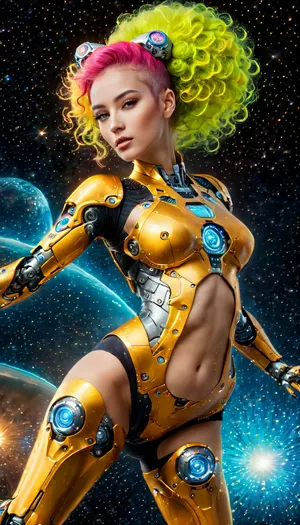 Realism, android slender woman, (((full body in picture))), ((full length body)), ((wide hips)), ((thigh gap)), ((android mecha body parts costume:1.3)), best quality, photorealism, intricate details, realistic face, detailed face, full view, sfw, ((dancing:1.8)), ((cosmos nebula planet background)), perfect picture, ((neon yellow glowing hair)), ((twin tails hair with drills)), good eyes, masterpiece, professional photography, high quality, ultra detailed, UHD 8K, extreme realism, <lora:add-detail-xl:2>, maximum detail, <lora:compb0t:.5>