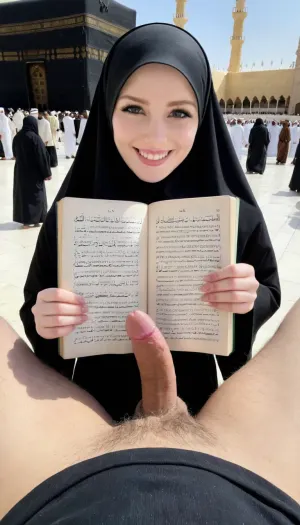 hijab girl, very hairy dick pov, smile, holding dick, reading quran, pale skin, skinny, in front of kaaba