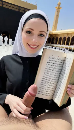 hijab girl, very hairy dick pov, smile, holding dick, reading quran, pale skin, skinny, in front of kaaba