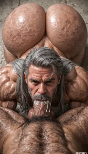 old man, Beefy old daddy, 60-years-old, big muscles, big pecs, big bulge, big booty, gray hairy body, full gray beard, big thick gray mustache, long gray hair, (long hair:1.2), (big pecs:1.3), (big ass:1.6), (hairy body:1.5), (beefy daddy:1.6), Slobbering, (gagging:1.5), suffocation, deep throating, spit, wet, cum, eating, gigantic penis, monster cock, holding balls, tongue, nose running, eyes watering, cum out nose, deepthroat, blowjob, grabbing cock, huge ass, kneeling, close pov, gay mens