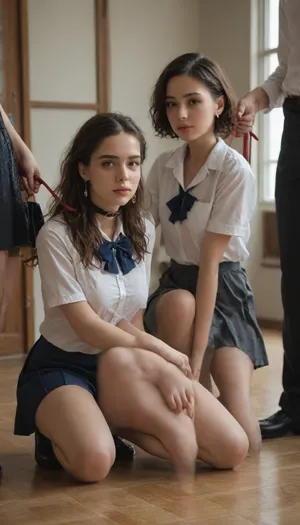 2 women, A insanely beautiful 40yo, holding the leash on a collar of a beautiful 18yo college schoolgirl on her hand and knees