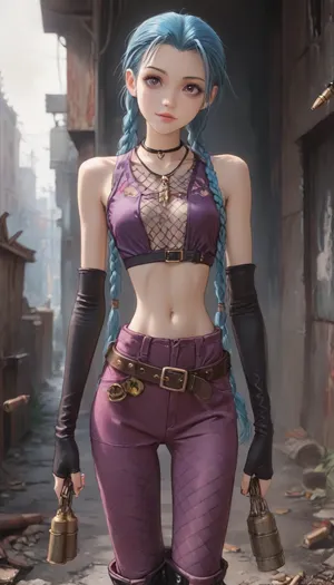 score_9, score_8_up, score_7_up, score_6_up, ((jinx:1.4)), (style anime:1.6), (inspired illustration, ratatatat74:1.6), (skinny:1.9), (small waist:1.9), (cute-innocent:1.4), big thick lips, (seductive:1.3), (dimples:1.3), (belt with bullets:1.3), (big leather elbow gloves:1.2), (slim legs), purple mini-shorts, (fishnet pantyhose:1.4), (apocalyptic background:1.5), (heavy boots:1.4), (lifted fishnet tanktop:1.4), <lora:ratatatat74-000050:.6>, <lora:outline_xl_kohaku_delta_spv5x:2>, <lora:cartoon_stickers_xl_v1:.5>, <lora:NEOTOKIOXL_0.2_RC:.4>, <lora:AshMilkshake_Illustrious_v1:2>