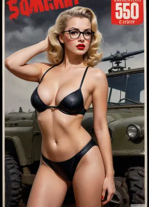 Pov photo, Instagram model face, blonde, bimbo, glasses, wet sweaty body, big text on poster, sweaty body, ((string bikini bottom)), sudeview, (((tight soviet uniform 50's))), (((old soviet military poster, pin up 1940's))), (((Pin up.b&w. Movie poster 1950's))), army Jeep in background, ((german army uniform)), stockings, fat red lips, Photography, photorealism, a beautiful army woman, tall, beautiful perfect figure, long hair, somenaked breast, pink Nipples, Knee-high boots, perfect tall legs, charming eyes, sad yet gracious face, dark background, fantasy art capturing the style of Aaron Horkey, Jeremy Mann and Luis Royo, body-focused composition from a low angle, alluring figure, dark fantasy, dynamic composition, black white photo 1950's, red lipstick, warm hues, showcases acrylic calligraphy, watercolor techniques integrated seamlessly into a maximalist masterpiece, detailed with gouache fluidity, golden hour light, hyperrealism, hypperrealistic, hyperdetailed, 64k, ultraHDR, Movie, Poster, page, panties, pulled, to, side, pussy, unshaved