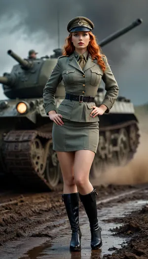 Uber realistic, 8k, ultra detailed, masterpiece, 1girl, beautiful busty female dieselpunk British officer, (world war, the great war, WW, WW2, World War 2), (large_breasts), (she is an incredibly beautiful woman with a athletic and voluptuous build, light skin, pale blue eyes and long, wavy light ginger hair), (she wears somewhat revealing clothes, consisting of a world war 2 british army uniform, black high-heeled boots and wears a officer hat on her head), (european field World War 2 battlefield with dieselpunk World War 2 tanks in background), cloudy, night, storming, action pose, random view angle, wet and muddy ground, detailxl, dark, chiaroscuro, low-key, <lora:add-detail-xl:.8>, <lora:style_lora_realis:.8>, <lora:zavy-cntrst-sdxl:.8>