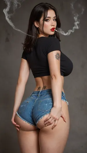 Busty Korean MILF, straight hair, bangs, massive bubble butt, huge boobs, tight denim booty shorts, smoking, belly shiry, smoke, coming, out, of, the, mouth, <lora:Smoking_Babes_XL_V2:.8>, hoop earrings, NEGATIVE_HANDS, butt tattoo, <lora:chilloutmix_xl:.8>, hands grabbing ass cheeks, seductive kissy face, red lipstick, black eyeliner