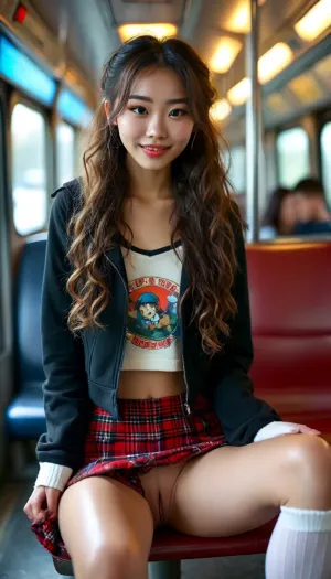 23 years old Chinese girl, very sexy, skinny, angel face, very long curly hair in pigtails, smiling laughs, wearing cropped black hoodie, Plaid mini skirt, white thigh-high socks, black doc marten boots, sitting on a bus seat in bus, (legs open:1.3), (no panties:1.3), view from opposite, other people sit nearby, woman, squat, <lora:BUT_SDXL_SHS:2>, <lora:MJ52:2>, <lora:DetailedEyes_V3:1.8>, <lora:woman_squat_xl_lora-000031:2>