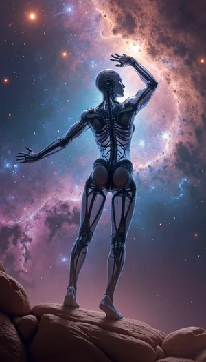 Android gracefully dancing amidst a swirling cosmic nebula., BORG, endoskeleton, android, cyborg, transparent, muscles, wires, skin, <lora:Borg_Flux-v1:.8>
