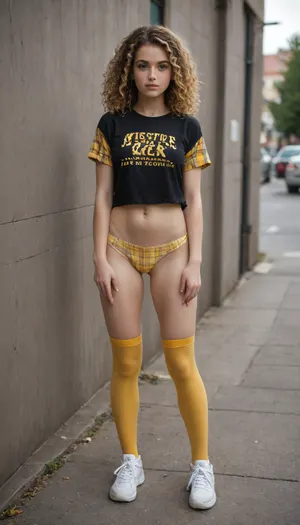 A 20-year-old blonde girl with curly hair and small breasts wearing a short yellow plaid T-shirt, yellow plaid panties, yellow plaid knee-high stockings, and sneakers. with a belly button piercing. Full-length