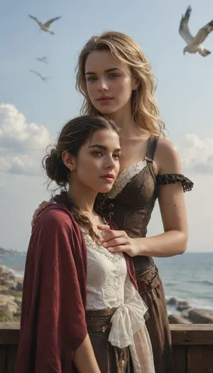 steampunk, two girls, steampunk blonde girl, steampunk dark-skinned girl, detectives, on the deck of a steamer, picturesque steampunk village on the shore, English watercolor, haze, seagull in the sky