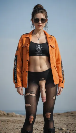 A bold and futuristic fashion portrait of a confident woman standing against a vivid, clear blue sky. She wears a striking oversized orange puffer jacket with black accents, its exaggerated volume creating a powerful visual statement. Beneath the jacket, she sports a black crop top emblazoned with the word "DREAM" in reflective silver letters, paired with high-waisted black ripped leggings that reveal intricate textures of torn fabric.
Her long, sleek ponytail flows down her back, complemented by round, retro-style black sunglasses that enhance her edgy and modern look. Dangling metallic earrings and a layered silver necklace add a touch of elegance and contrast against her dynamic outfit. On her feet, she wears futuristic platform boots with metallic detailing, combining practicality and avant-garde design. The composition exudes energy and attitude, with her dominant stance atop a snowy surface emphasizing her powerful presence. The bright colors of the jacket and reflective details of her boots create a sharp contrast against the serene blue backdrop, making her the undeniable focal point of the scene, futanari, mastrubation, erect penis, hard penis, sagging testicles, veiny cock, leaking precum, throbbing cock