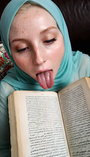 Transparent hijab, licking quran, freckled pale skin