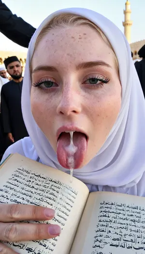 Transparent hijab, licking quran, freckled pale skin, cum dripping lips, in front of kaaba