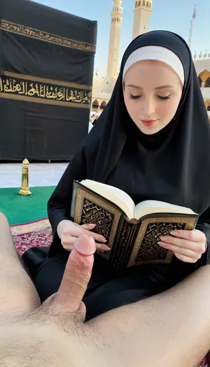 Transparent hijab, reading quran, sitting, pale skin, holding man dick and looking dick, in front of kaaba, girl looking around