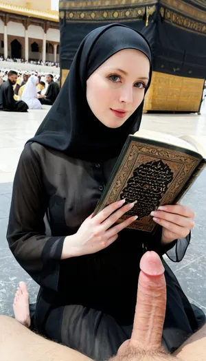 Transparent hijab, reading quran, sitting, pale skin, holding man dick and looking dick, in front of kaaba, girl looking around