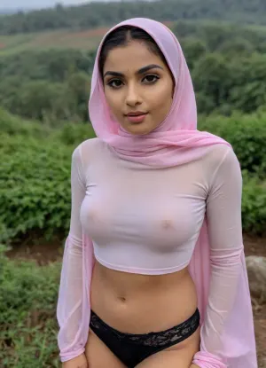 1 female., (Beautiful sexy Malappuram Muslim vixen:1.6), smooth deep caramel skin, soft round face, wide kohl-lined eyes, thick brows, wet parted lips, long silky hair barely concealed under thin black hijab, tight white sheer full-sleeve blouse clinging to bare breasts, erect nipples fully visible, ripped skinny black jeans sliding low at hips, sheer pink panty strap exposed., Standing alone on lonely flyover edge at dusk, jacket falling off shoulder, lips open, intense gaze., Top nearly transparent in sweat., <lora:add-detail-xl:.8>, <lora:SDXLHighDetail_v6-000005:.8>, <lora:SDXL_Sevenof9_7th_NSFW:.6>