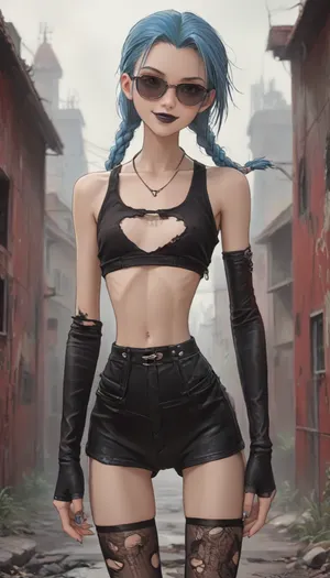 score_9, score_8_up, score_7_up, score_6_up, ((jinx:1.4)), (style anime:1.6), (inspired illustration, ratatatat74:1.6), (skinny:1.9), (small waist:1.9), (cute-innocent:1.4), big thick lips, (seductive:1.3), (dimples:1.3), (big leather elbow gloves:1.2), (slim legs:1.4), leather mini-shorts, (torn fishnet stockings:1.2), (apocalyptic background:1.5), (small unbuttoned open leather mini-tanktop:1.4), hand on hip, (flat chest:1.4), (long hard erect nipples), (fully black sunglasses:1.5), (bare belly:1.3), (smirk:1.3), (big thick lips:1.3), (sleeveless:1.2), (black lipstick:1.2), (blue hair), (short braids on breasts:1.3), <lora:ratatatat74-000050:.6>, <lora:outline_xl_kohaku_delta_spv5x:2>, <lora:cartoon_stickers_xl_v1:.5>, <lora:NEOTOKIOXL_0.2_RC:.4>, <lora:AshMilkshake_Illustrious_v1:2>