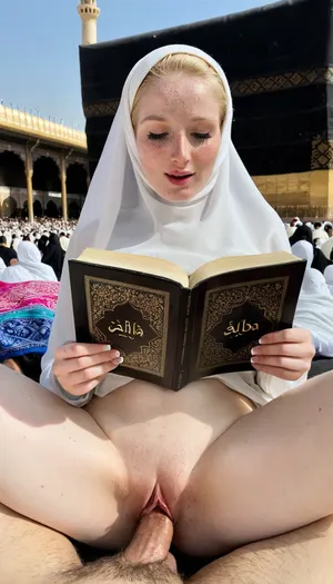 Transparent hijab, reading quran, sitting, freckled, pale skin, holding man dick and looking dick, in front of kaaba, hairy pussy