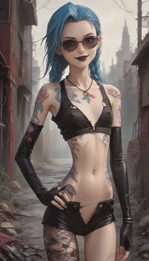 score_9, score_8_up, score_7_up, score_6_up, ((jinx:1.4)), (style anime:1.6), (inspired illustration, ratatatat74:1.6), (skinny:1.9), (small waist:1.9), (cute-innocent:1.4), big thick lips, (seductive:1.3), (dimples:1.3), (big leather elbow gloves:1.2), (slim legs:1.4), leather mini-shorts, (torn fishnet pantyhose:1.2), (apocalyptic background:1.5), (small unbuttoned open leather mini-tanktop:1.4), hand on hip, (flat chest), (long hard erect nipples), (fully black sunglasses:1.5), (bare belly:1.3), (smirk:1.3), (big thick lips:1.3), (sleeveless:1.2), (black lipstick:1.2), (blue hair), (tattoos:1.3), <lora:ratatatat74-000050:.6>, <lora:outline_xl_kohaku_delta_spv5x:2>, <lora:cartoon_stickers_xl_v1:.5>, <lora:NEOTOKIOXL_0.2_RC:.4>, <lora:AshMilkshake_Illustrious_v1:2>