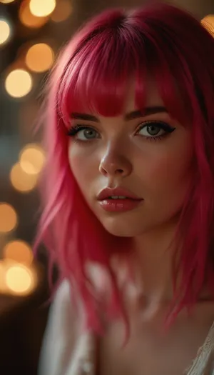 ziprealism, (avant-garde snapshot esthetic), (f/2.8 shallow depth of field, creamy bokeh, flattering upper body ahot, layered composition with subtle foreground, focus on lips:1.4), (vibrant pink hair, crisp straight hair, blunt bangs cut, thick voluminous hair:1.4), (catchlights, sharp contrasting limbal rings, large expressive eyes, stunning eyes, long delicate eyelashes, perfect eyes, slightly downturned eyes), (full lips, soft lips, moist lips, pouting lips), (white waterline eyeliner, doe-eye makeup, soft blush, soft facial features:1.4), (expression of playful mischief, teasing gaze, joyful, subtle sparkle in eyes, soft taunting grin), (porcelain skin, natural skin texture), <lora:MJ52:.8>, but, <lora:BUT_SDXL_SHS:.8>