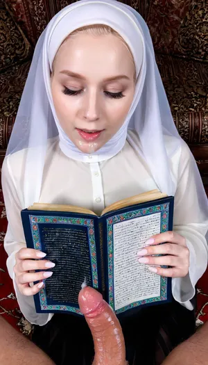 Transparent hijab, reading quran, pale skin, girl holding man dick, cum covered