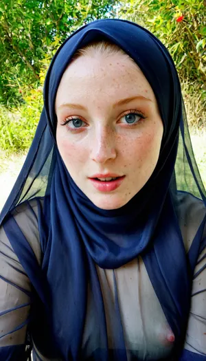Transparent hijab, pale skin, freckled