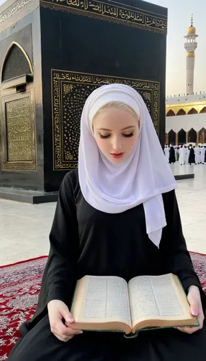 hijab, reading quran, very sexy pale skin, in front of kaaba, ultra detailed