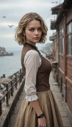 steampunk, girl, steampunk blonde girl, detective, on the deck of a steamer, picturesque steampunk village on the shore, English watercolor, haze, seagull in the sky