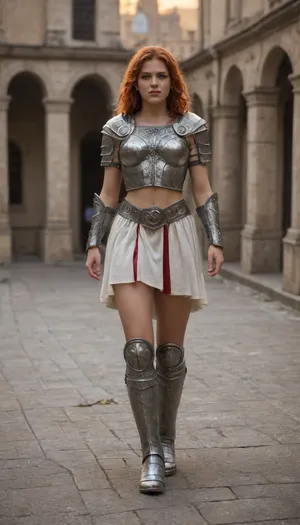 (ultra, HD, quality), A Roman legionary, wearing a Roman armor, armor is revealing, a Roman helmet, destroyed armor, medium breasts, long red hair, walking down a street in Rome, sunset
