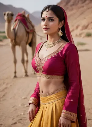 1 female., (Elegant seductive Rajput-Muslim beauty:1.6), fair creamy skin, narrow waist, traditional nose ring, kohl-rimmed eyes, long black braid, flowy maroon skirt, sleeveless crop blouse tied in front, dusty dupatta covering head. Braless, nipples faintly poking through thin cotton. Wind lifts her dupatta and skirt slightly, exposing smooth thighs. Desert highway near sandstone cliffs and camels. Feet bare, sandals in hand. She gazes off dreamily. Soft golden hour lighting, rear 3/4 voyeur angle., <lora:SDXLHighDetail_v6-000005:.8>, <lora:add-detail-xl:.8>