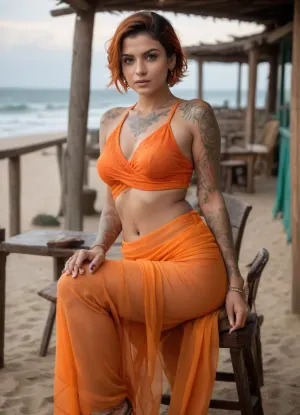 1 female, (Alt Goan bombshell:1.6), age 28, honey-bronzed skin, edgy short hair with pink streaks, multiple tattoos, pierced nose and navel, wearing, (bright orange chiffon saree:1.3), low hip drape, cropped mesh bralette blouse, one leg up on stool, inside a bohemian tattoo shack near the beach, sandy floor, tattoo chair behind her, (bit lip expression, narrowed eyes), pallu barely clinging to shoulder, hipbone and tattoo peeking out, (moody seaside lighting), playful bad girl aura, barefoot and dangerous., look, at, my, prompts, <lora:SDXL_Sevenof9_7th_NSFW:.8>, <lora:add-detail-xl:.7>, <lora:SDXLFaeTastic2400:.7>