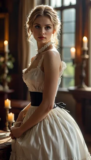 1900s, Sexy nice pretty beautiful thin woman, 25 year old, blond, perfect finger, sexy countess, in english manor, making love, perfect proportion, hairy pussy, show pussy, in love, (show nipples), ((undressing)), (candlesticks), nipples above dress, stockings, Low-key, lighting, Style, dim, light, low, dramatic, partially, covered, in, shadow, <lora:Low-key lighting Style:.5>, raw, <lora:MJ52:.8>, <lora:style_lora_realis:.8>, victorian, maid, <lora:xl_victorian_maid_dress-1.0:.8>