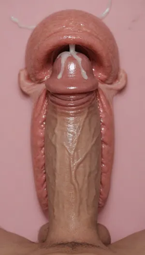 Extreme close-up, x-ray, cervix penetration, ejaculation, pov, penis focus, pink background, solo, disembodied big penis