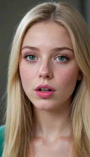average height, long blonde hair, pink lipstick 18 years old, thin, slim, solo, green eyes, perfect eyes, realistic, freckles, lick her lips by her tongue