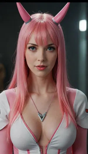 Zero Two is a popular heroine of the anime Darling in the Franxx, a human-monster hybrid and pilot of a deadly mecha. Zero Two is a mixture of wild charisma, tragedy and unbridled passion. Her devilish horns, pink hair and predatory smile create an image that is impossible to forget. She is simultaneously seductive, dangerous and touchingly vulnerable when it comes to her "Darling", meganjenbodfox, <lora:meganjenbodfox:2>