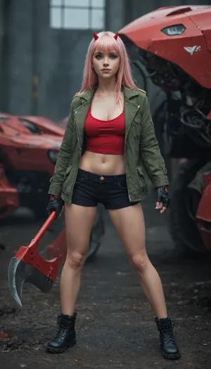 Zero Two is a popular heroine of the anime Darling in the Franxx, a human-monster hybrid and pilot of a deadly mecha. Zero Two is a mixture of wild charisma, tragedy and unbridled passion. Her devilish horns, pink hair and predatory smile create an image that is impossible to forget. She is simultaneously seductive, dangerous and touchingly vulnerable when it comes to her "Darling", meganjenbodfox, konami, green, jacket, gloves, shorts, footwear, holding, axe, <lora:meganjenbodfox:.8>, <lora:konamiTrion_AnimagineXLV3-000025:1.6>