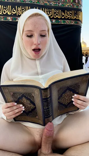 8k, Transparent hijab, reading quran, sitting, freckled, pale skin, holding man dick and looking dick, in front of kaaba, hairy pussy, orgasm face, ultra detailed