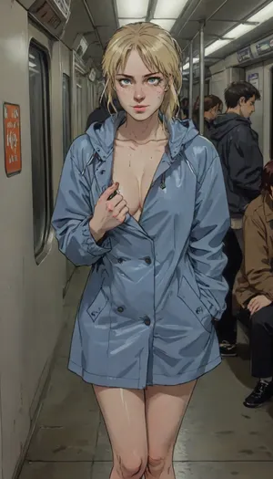 25 year old blonde girl, insanely hot blonde, long wet blonde hair, (wet hair:1.1), ponytails, blue eyes, cute freckles, (small flat breasts), (wearing wet raincoat and pumps), petite girl, perfect waist, skinny, slender, slim, freckled face, tight waist, cute chest freckles, perfect hands, perfect fingers, perfect anatomy, masterpiece, no underwear, (fully naked under unbuttoned raincoat), (riding subway:1.3), (on crowded subway train:1.1), discarded clothes on floor, Source_anime, 80's anime style, (A detailed pencil drawing with clean lines and meticulous shading, sketch of a woman), drawing have delicate shading and intricate details, capturing the essence of the subject with fine pencil strokes, allowing the focus to remain on the portrait itself, drawing by NTY, v0ng44g, sk3tch, .8>, ratatatat74, <lora:sketch_it:1.1>, <lora:ratatatat74-000050:.8>, <lora:NEOTOKIOXL_0.2_RC:.8>