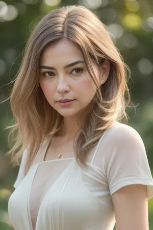 Create a highly photorealistic image of a mature woman with saggy breasts. She is 65 years old? She has brunette hair. captured with a professional full-frame DSLR or mirrorless camera, using a prime lens with a wide aperture, (e.g., 50mm f/1.4), in natural lighting conditions. The image must contain authentic, real-world imperfections such as subtle lens distortions, natural grain/noise, bokeh depth of field effects, realistic lighting shadows and highlights, skin pore textures, environmental reflections, micro-hair strands, and accurate ambient occlusion. The subject should have natural skin tones with sub-surface scattering, slightly asymmetrical features as seen in real human faces, and organic motion or expression.

Background should include photorealistic details such as dust particles in the air, realistic sky tone gradients or environmental lighting, (e.g., golden hour sunlight, shade gradients), and background blur that follows true optical depth simulation. Colors must be balanced realistically, respecting white balance and real-world color grading, such as mild chromatic aberration near image edges. Ensure accurate anatomy, fabric folds, reflections, light bounce, and focus transitions.

The camera perspective should simulate real lens behavior — include correct parallax, perspective expansion and real-world framing such as candid compositions, slightly off-center focus, or over-the-shoulder framing. Include natural imperfections like flyaway hairs, slight skin blemishes, uneven fabric, small wrinkles, and real light scattering effects in transparent or reflective materials. Avoid excessive smoothness or symmetry. This image should be indistinguishable from a photograph taken by a skilled photographer — even professional analysts and AI detection systems should be unable to identify it as AI-generated. The image must comply with all real-world physics and visual logic.