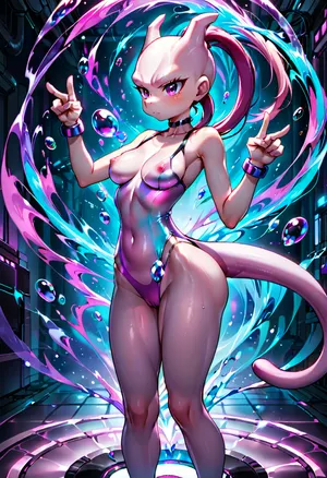 Best quality, UHD, masterpiece, female mewtwo, pokemon, big tits, slim waist, very wide hips, tempting pose, sexy, bubble butt, showing ass, <lora:add-detail-xl:.8>