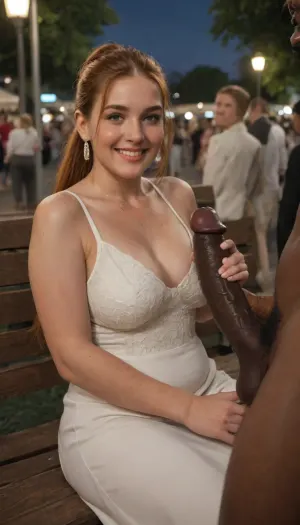 Short chubby English white wife smiling at you, wearing classy dress, long ginger ponytail, giving a handjob to tall african man, 18 inch black cock, sitting on a bench, in public, at night